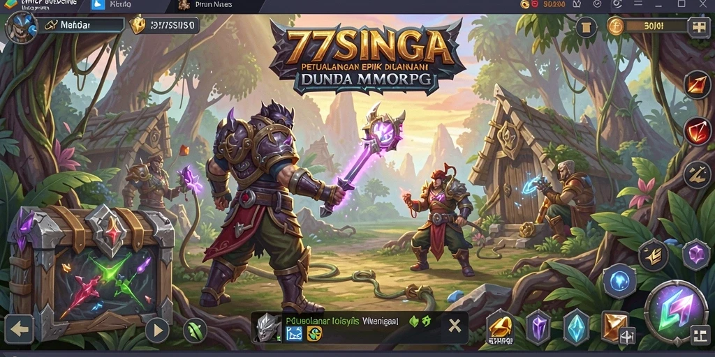 Screenshot menunjukkan karakter dan pertarungan menegangkan dalam 77SINGA.