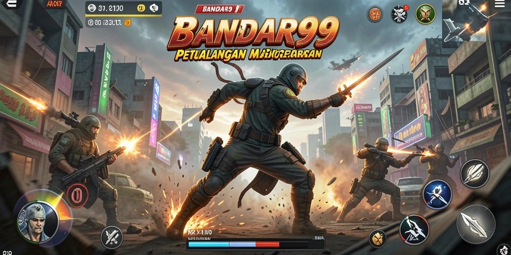 Screenshot utama BANDAR99 menampilkan karakter beraksi dalam pertempuran seru.
