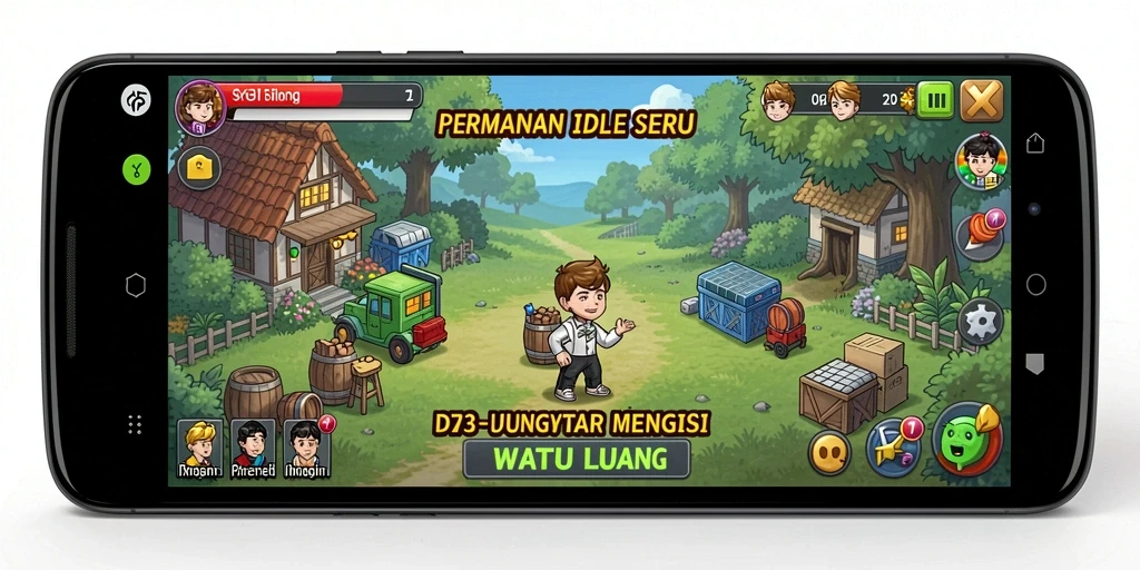Tangkapan layar gameplay D73 menampilkan karakter dan aktivitas menarik di dunia Idle.