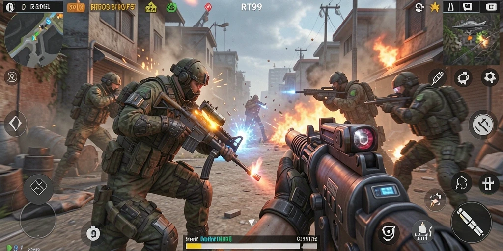 Tangkapan layar RT99 menampilkan aksi pertempuran FPS yang mendebarkan.