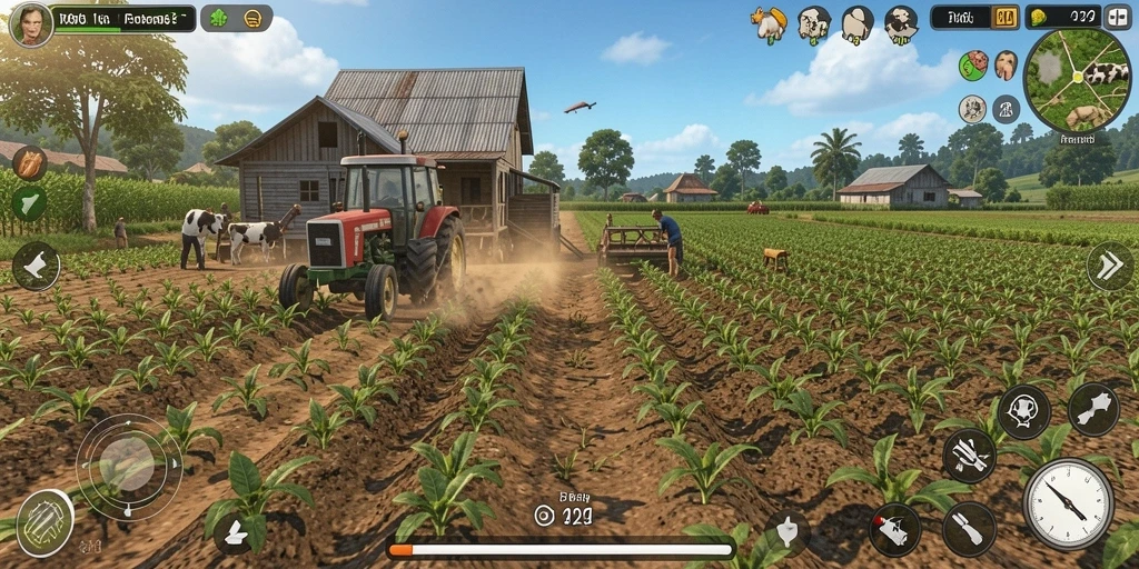 Tampilan gameplay V21 yang menarik dengan berbagai aktivitas pertanian.