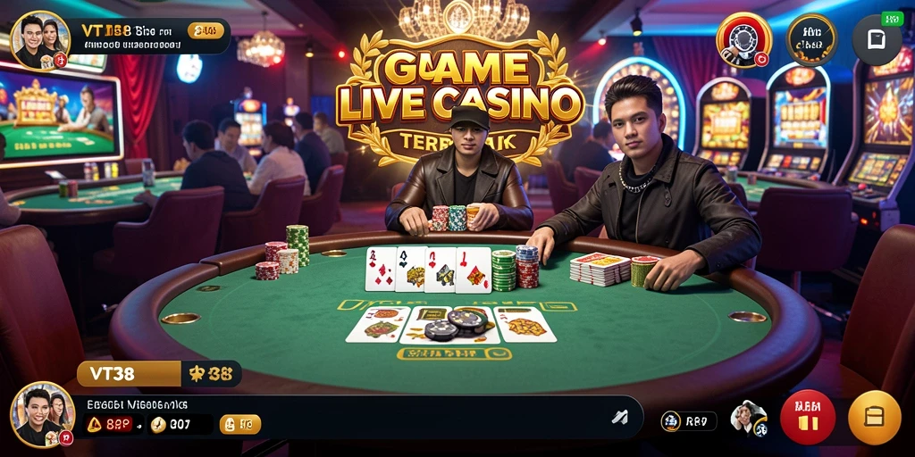 Screenshot gameplay VT38 yang menampilkan dealer dan suasana Live Casino.
